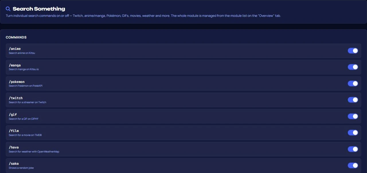 VeyroBot dashboard Search Something tab: the list where each search command is switched on or off