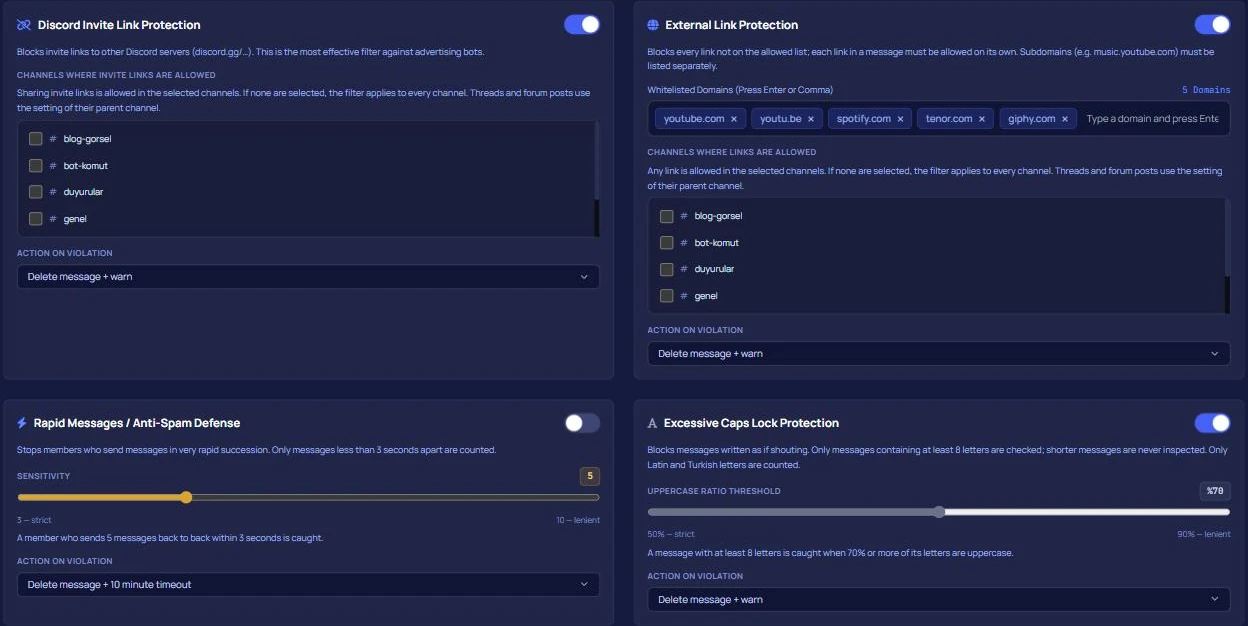 Advanced AutoMod on the VeyroBot dashboard: invite link and link protection, allowed domains, fast message, and caps filters