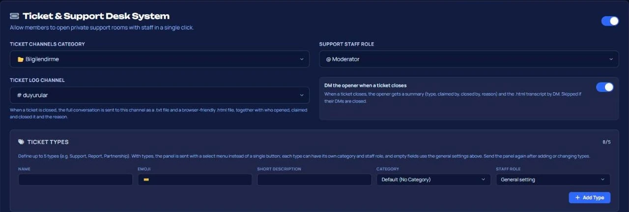 VeyroBot dashboard Support Ticket System: support rooms category, support staff role, ticket log channel, and ticket types