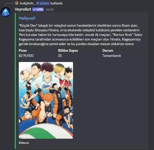 /anime output in Discord: synopsis, score, episode count and status for Haikyuu!!
