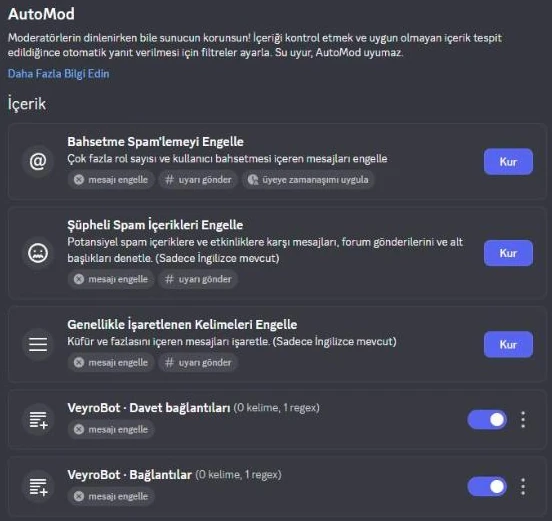Two rules synced by VeyroBot in Discord's native AutoMod settings: invite links and links