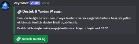 VeyroBot support desk panel and Open Support Ticket button on Discord