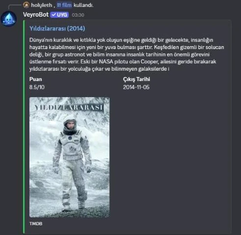 /film output in Discord: synopsis, rating and release date for Interstellar (2014)