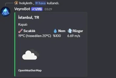 /weather output in Discord: temperature, humidity and wind for Istanbul