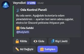 VeyroBot room control panel in Discord with lock, hide, user limit, rename and claim buttons