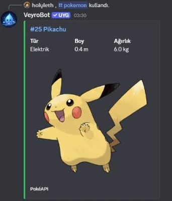 /pokemon output in Discord: type, height and weight for Pikachu