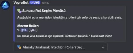 VeyroBot role selection menu in Discord with the dropdown closed