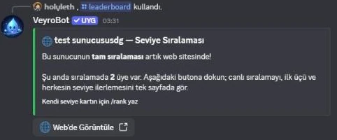 /leaderboard output in Discord: a button that opens the server's level leaderboard on the website