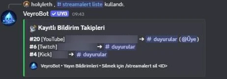 /streamalert list output in Discord: YouTube, Twitch and Kick follows and the channel their alerts go to