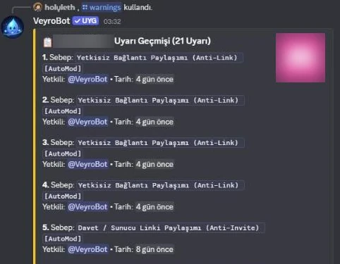 /warnings output in Discord: a test account's warning history from AutoMod with reason, moderator and date
