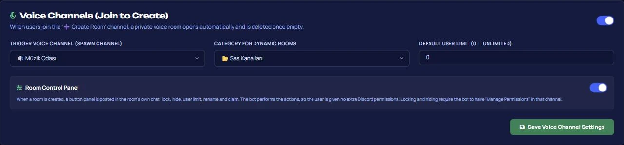VeyroBot dashboard temporary voice rooms: trigger voice channel, category for new rooms, default user limit and room control panel