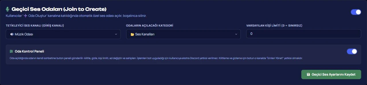 VeyroBot panelinde Geçici Ses Odaları: tetikleyici ses kanalı, odaların açılacağı kategori, varsayılan kişi limiti ve oda kontrol paneli
