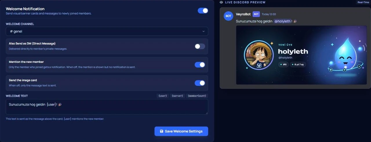 VeyroBot dashboard welcome notification settings with a live Discord preview of the welcome card