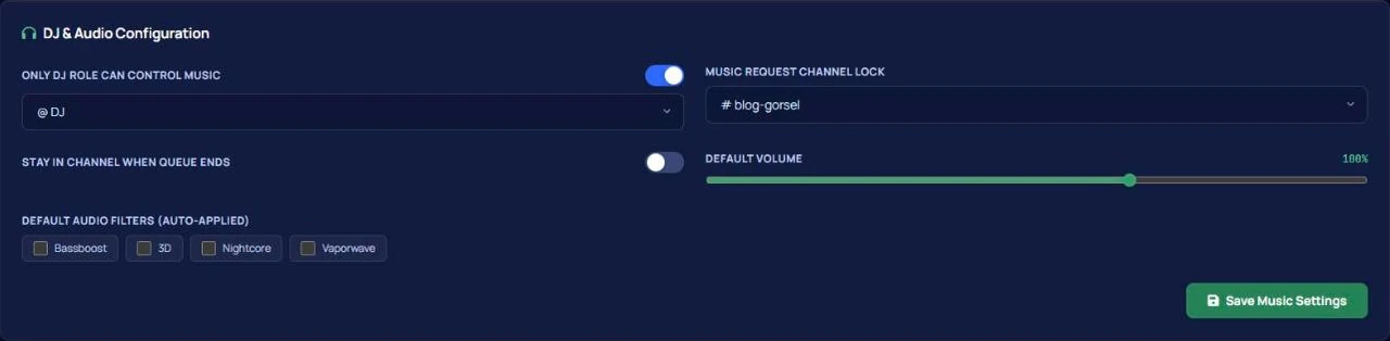 VeyroBot dashboard DJ and audio configuration: only the DJ role controls music, music request channel lock, default volume and filters