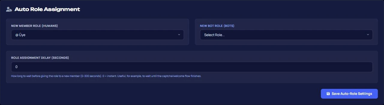 VeyroBot dashboard Auto Role Assignment: role for new members, role for new bots and role assignment delay