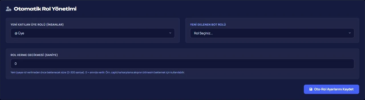 VeyroBot panelinde Otomatik Rol Yönetimi: yeni katılan üyelere verilecek rol, botlara verilecek rol ve rol verme gecikmesi