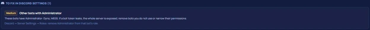 Health card finding: the Dyno and MEE6 bots have Administrator permission, with the suggested fix in Discord role settings