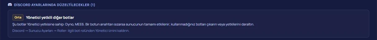 Sağlık kartındaki bulgu: Dyno ve MEE6 botlarının Yönetici yetkisi var, önerilen düzeltme Discord rol ayarlarında