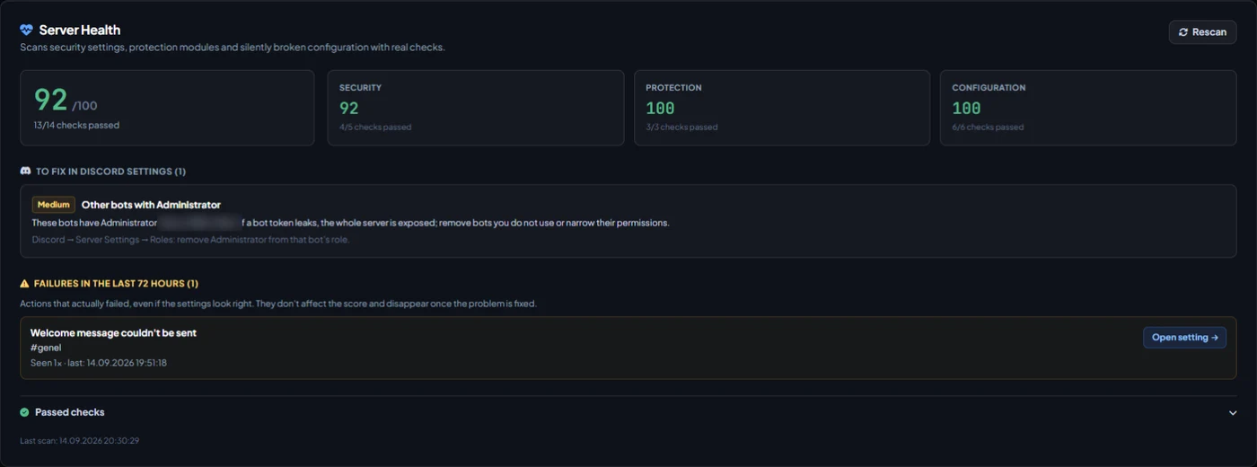 VeyroBot dashboard Overview tab showing the Server Health Score card and real failure history