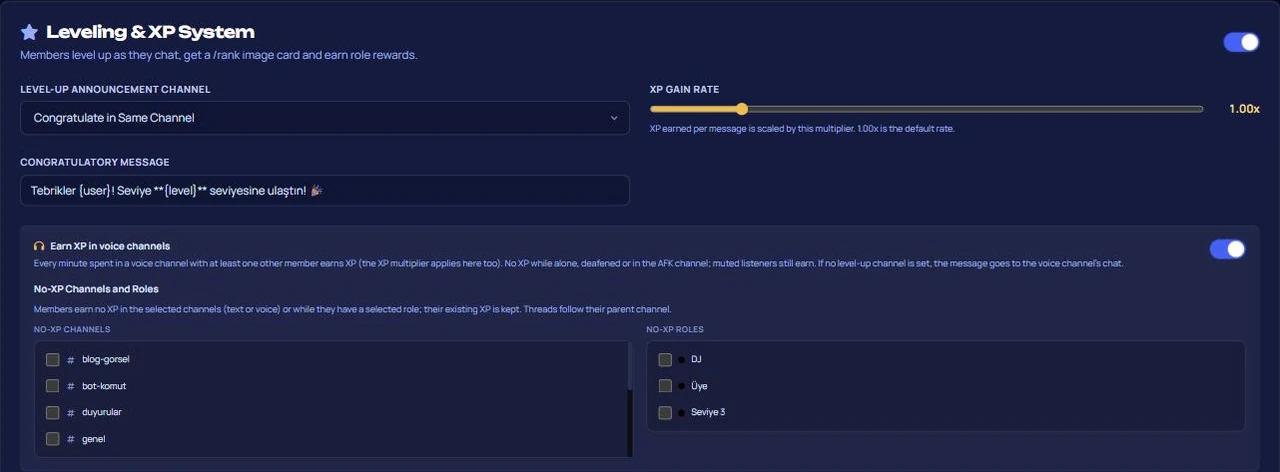 VeyroBot dashboard leveling and XP system: level-up channel and message, XP gain rate, voice XP, and no-XP channels and roles