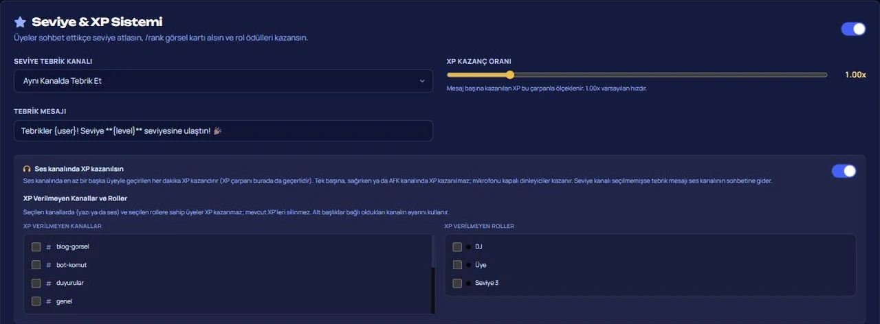 VeyroBot panelinde Seviye ve XP Sistemi: tebrik kanalı ve mesajı, XP kazanç oranı, ses kanalında XP, XP verilmeyen kanallar ve roller