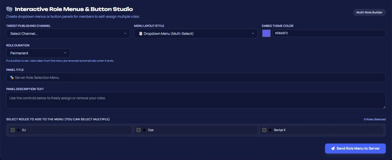 VeyroBot dashboard role menu and button studio: target channel, menu type, role duration, panel title and roles to add