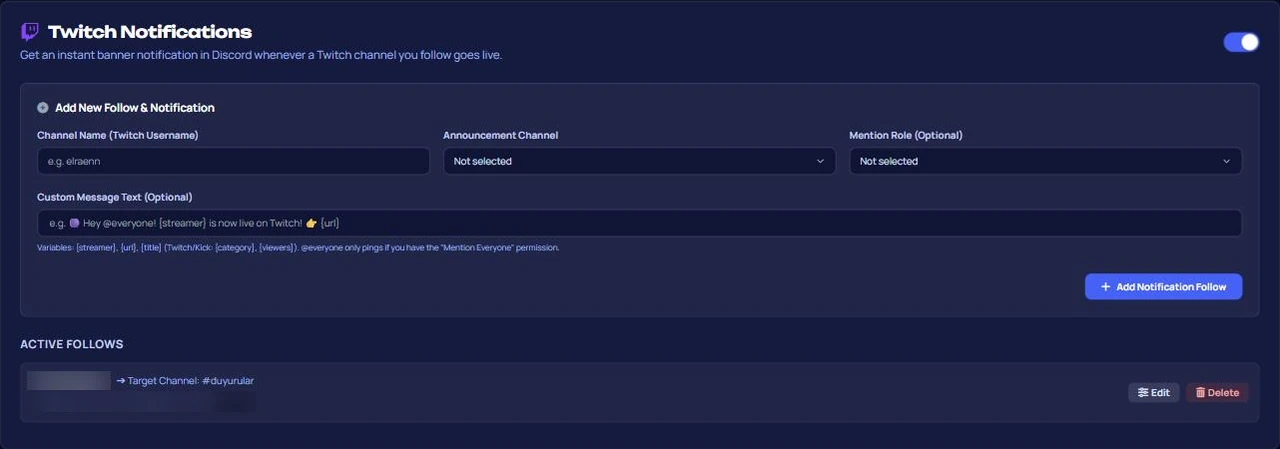 VeyroBot dashboard Twitch notifications: the form for adding a follow and the list of active follows