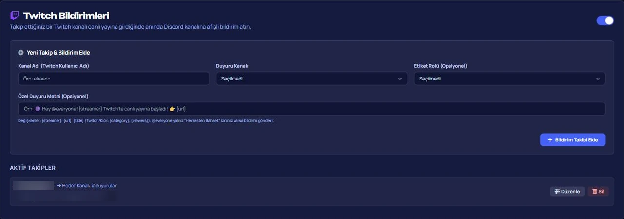 VeyroBot panelinde Twitch Bildirimleri: yeni takip ekleme formu ve aktif takipler listesi