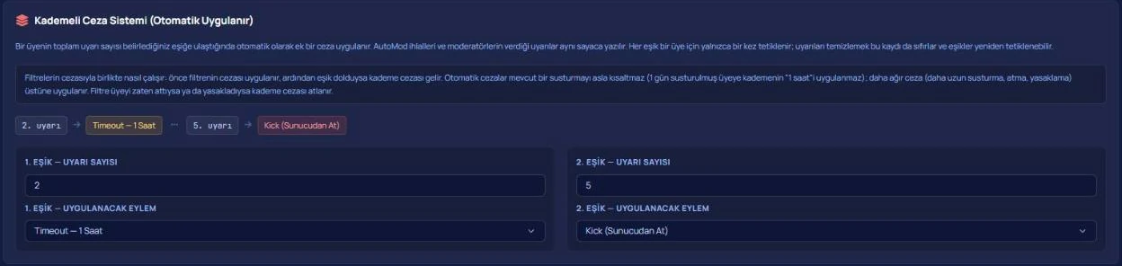VeyroBot panelinde Kademeli Ceza Sistemi: 2. uyarıda 1 saat susturma, 5. uyarıda sunucudan atma