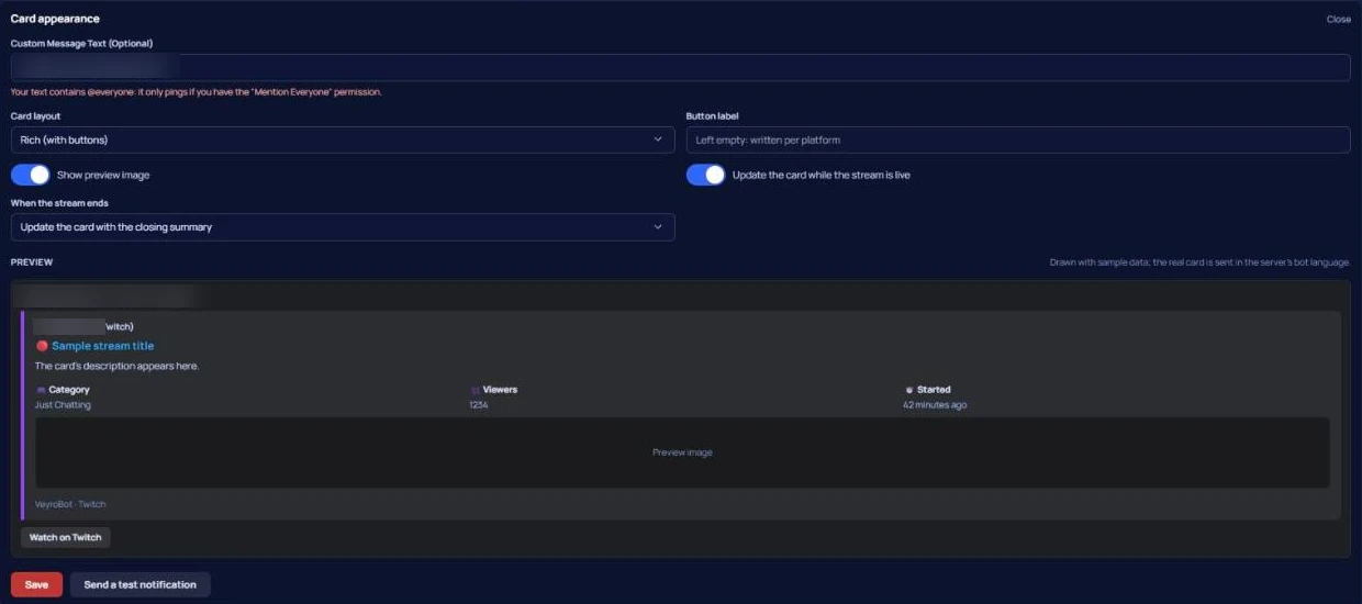 VeyroBot stream alert card editor: card layout, preview image, live card updates and a preview of the card