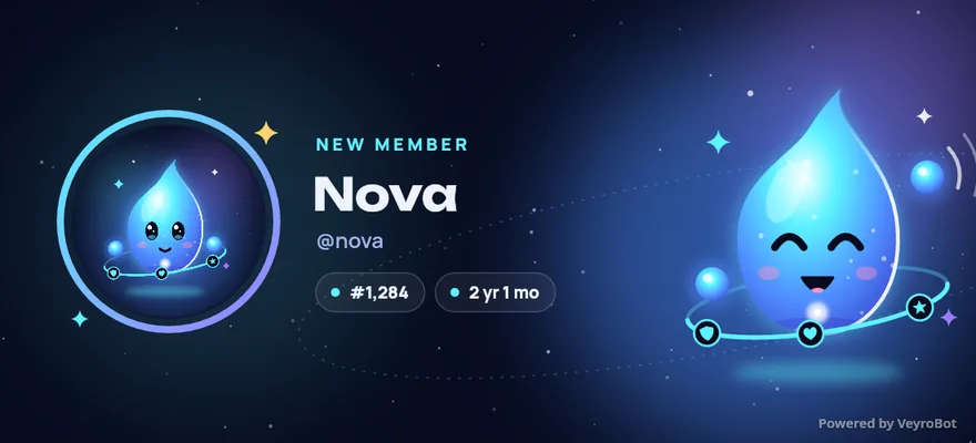 Welcome card example: Nova joined the server, member #1,284