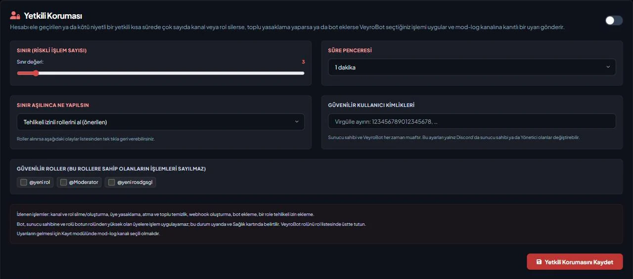 Настройки «Анти-нюк бот для Discord» в панели VeyroBot