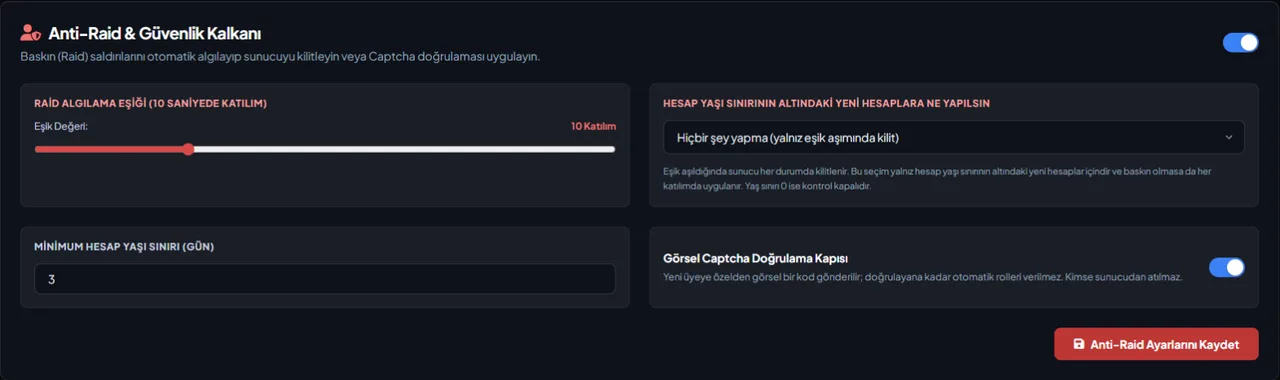 Discord Anti-Raid Bot settings in the VeyroBot dashboard