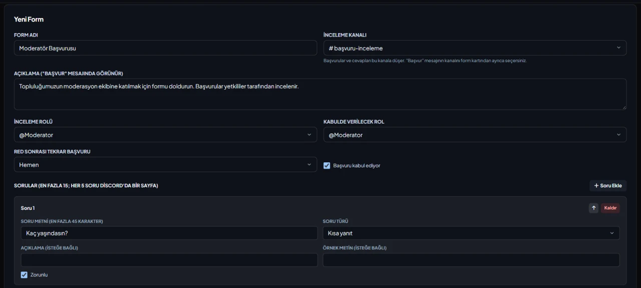 Discord Application Form settings in the VeyroBot dashboard