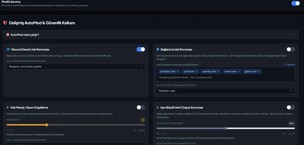 VeyroBot paneli AutoMod sekmesi: davet linki, bağlantı, toplu etiketleme, büyük harf, yasaklı kelime ve spam filtreleri, her biri için ayrı eylem seçimi