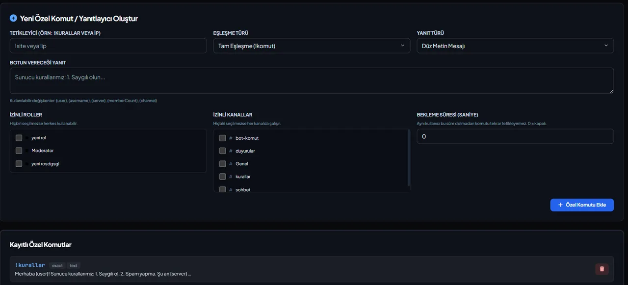 Discord Custom Commands & Auto-Responder settings in the VeyroBot dashboard