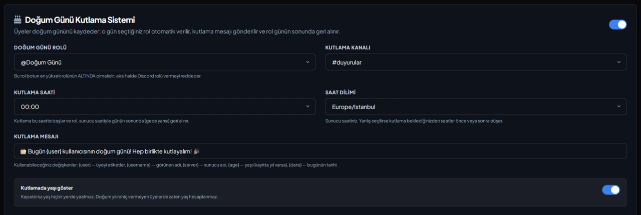 Geburtstagsbot für Discord-Einstellungen im VeyroBot-Dashboard