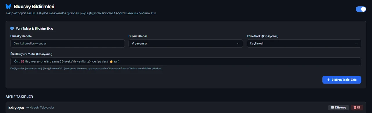 Discord Bluesky Notifications settings in the VeyroBot dashboard
