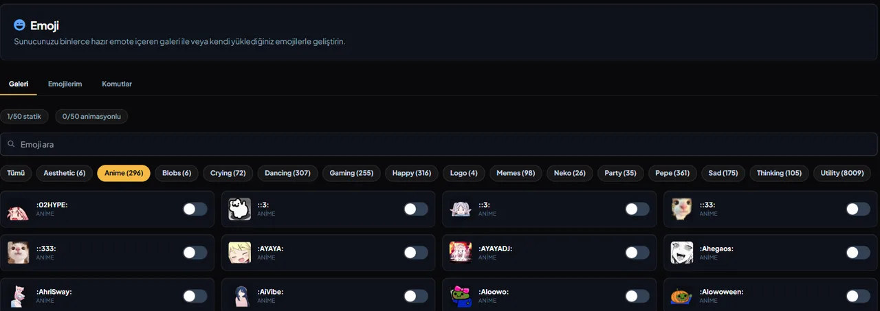 Discord Emoji Gallery settings in the VeyroBot dashboard