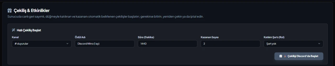 Ajustes de Bot de sorteos para Discord en el panel de VeyroBot
