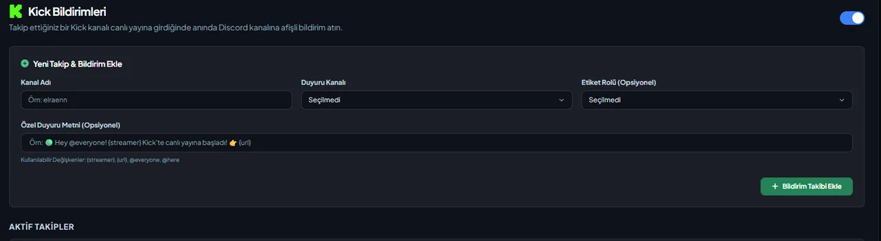 Discord Kick Stream Notifications settings in the VeyroBot dashboard