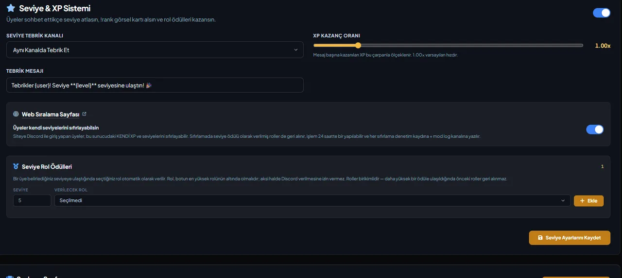 Discord Leveling System and Rank Cards settings in the VeyroBot dashboard