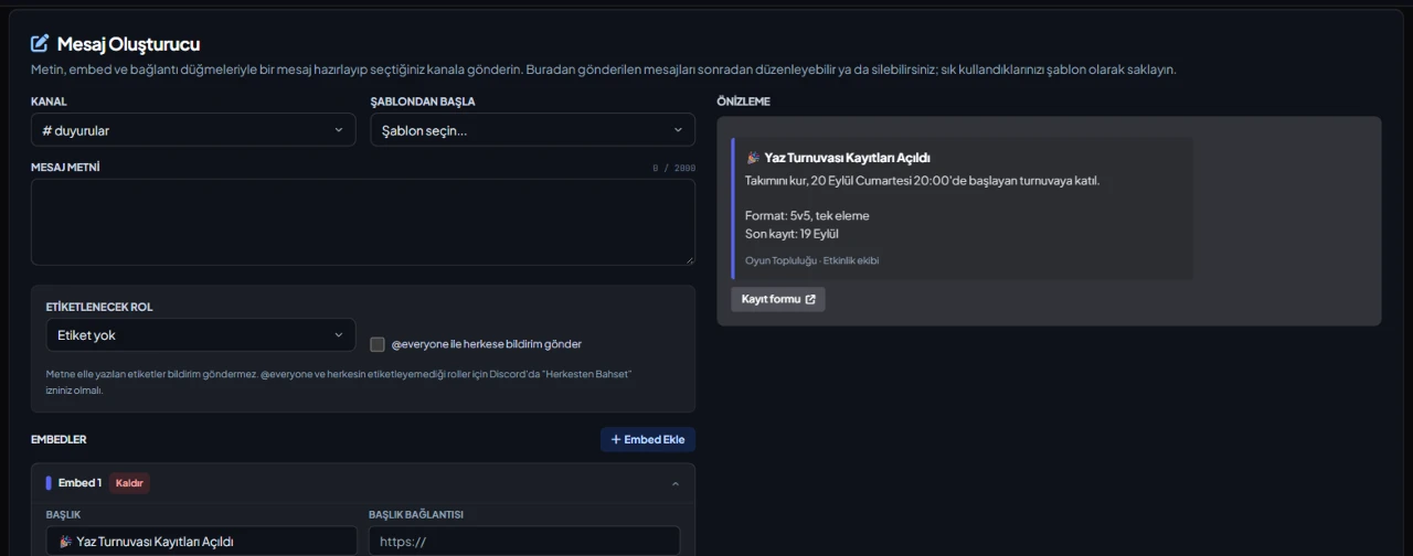 Настройки «Конструктор embed для Discord» в панели VeyroBot
