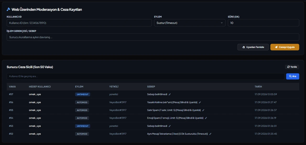 Discord Moderationsbot-Einstellungen im VeyroBot-Dashboard