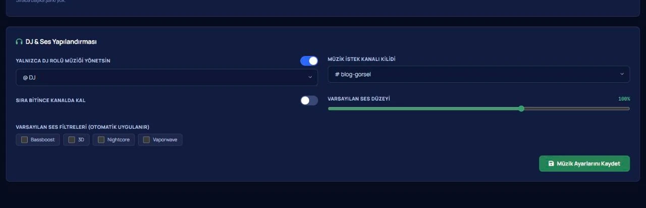 Discord Music Bot settings in the VeyroBot dashboard