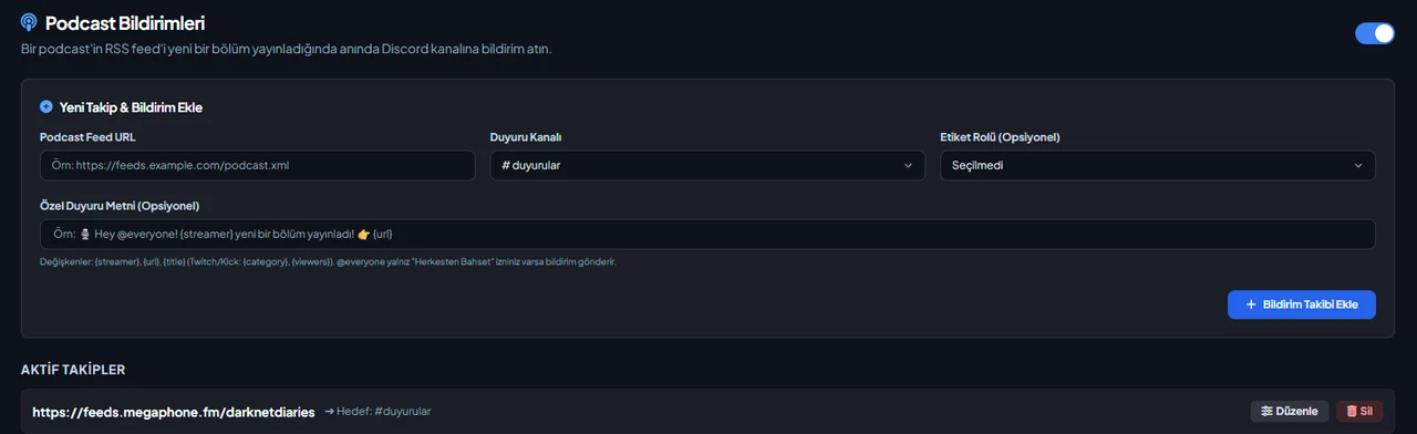 Discord Podcast Notifications settings in the VeyroBot dashboard