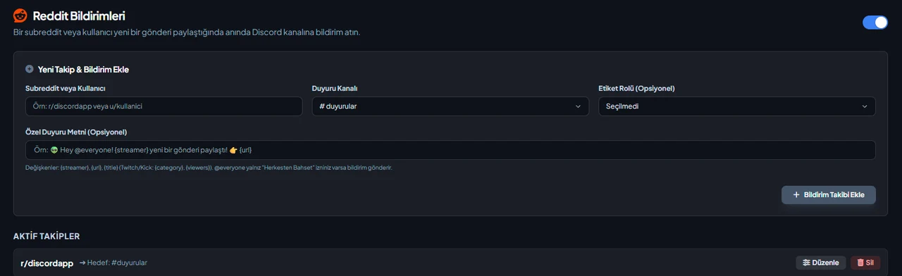 Discord Reddit Notifications settings in the VeyroBot dashboard