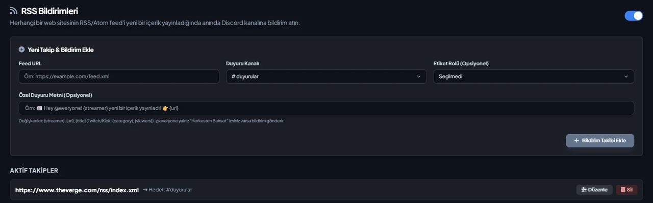 Discord RSS Notifications settings in the VeyroBot dashboard