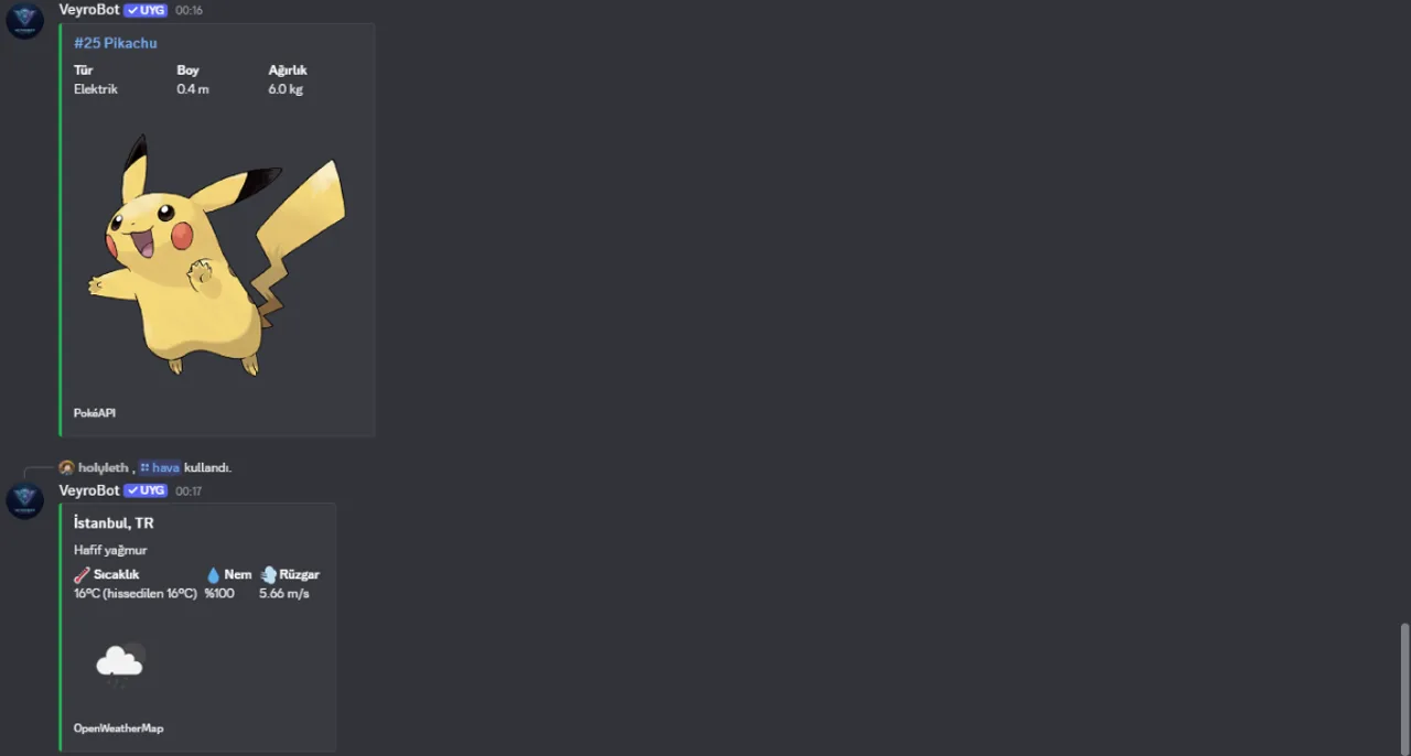 Example Discord output for Discord Fun & Search Commands