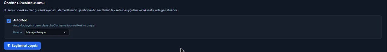 Discord Security Setup (Recommended Settings) settings in the VeyroBot dashboard